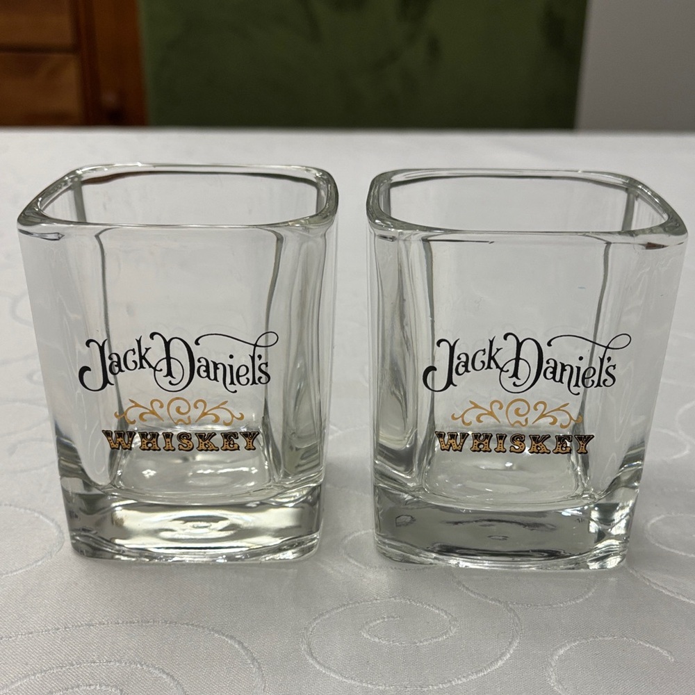 Jack Daniels Square Whiskey Clear and Gold Heavy Square Tumbler Glasses